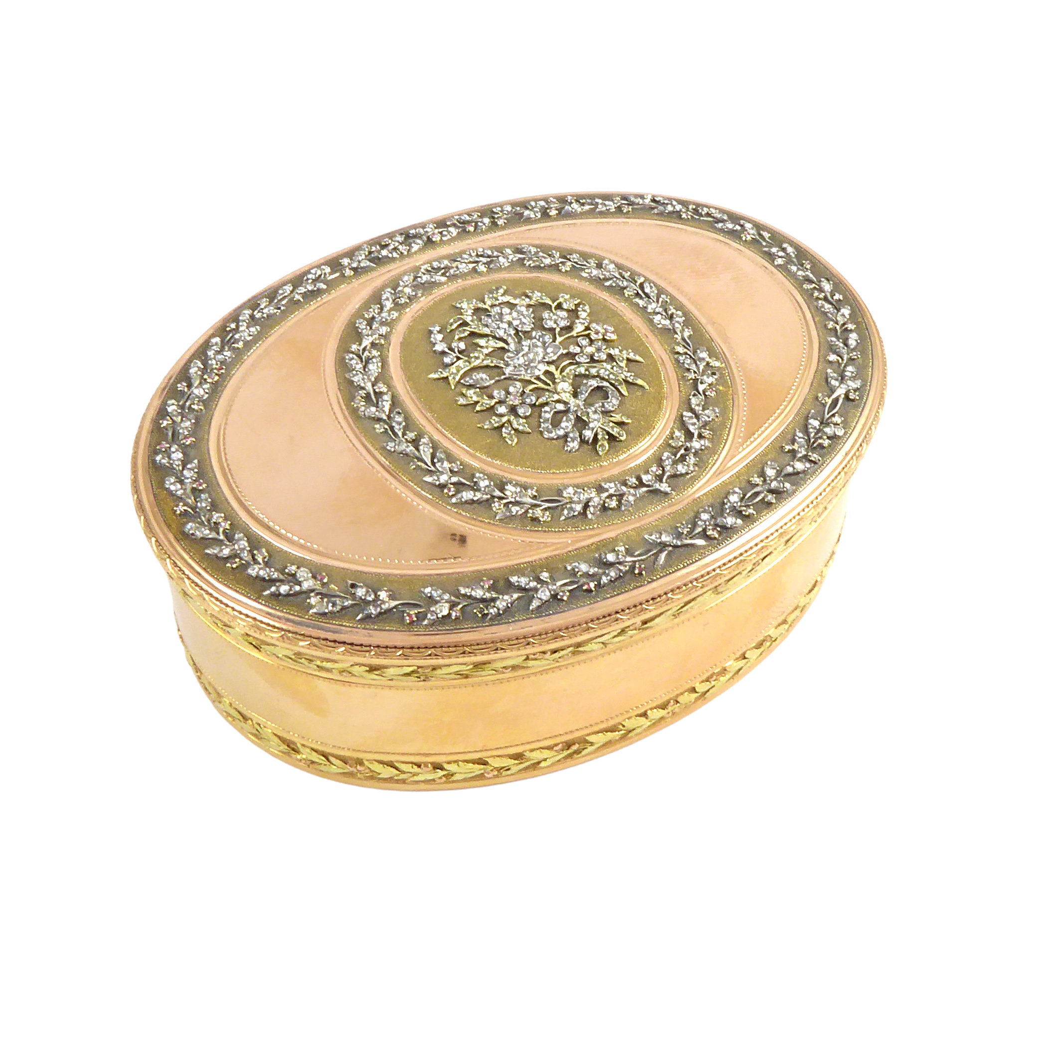 Louis XV oval vari-coloured gold and diamond box by Louis Roucel, Paris 1773, the cover featuring a diamond set bouquet of flowers tied with a ribbon bow,